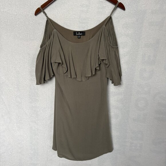 Lulus Olive Green Boho Chic Cold Shoulder Ruffle Women A line Mini Dress XS - Picture 4 of 12